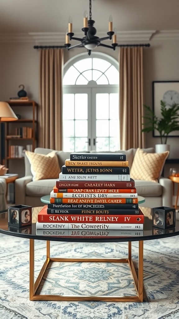 A stylish wood coffee table stacked with colorful books in a cozy living room setting