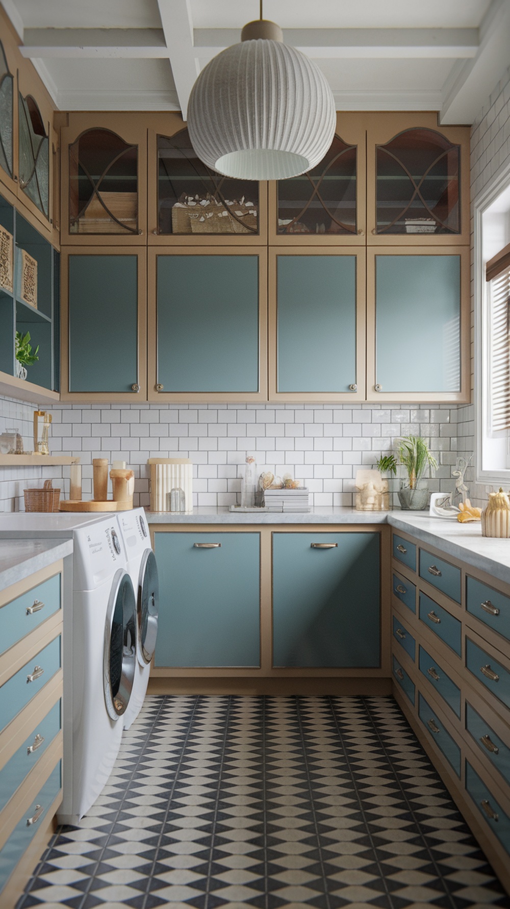 A stylish laundry room featuring blue and wood cabinets, white washing machines, and decorative storage.