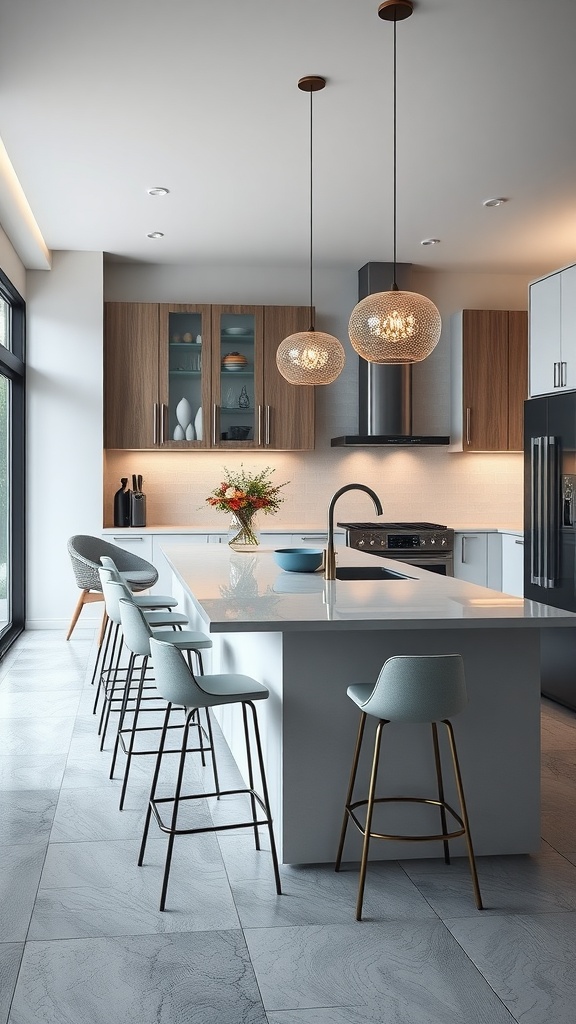 A modern kitchen featuring a stylish kitchen island with seating, perfect for casual dining.