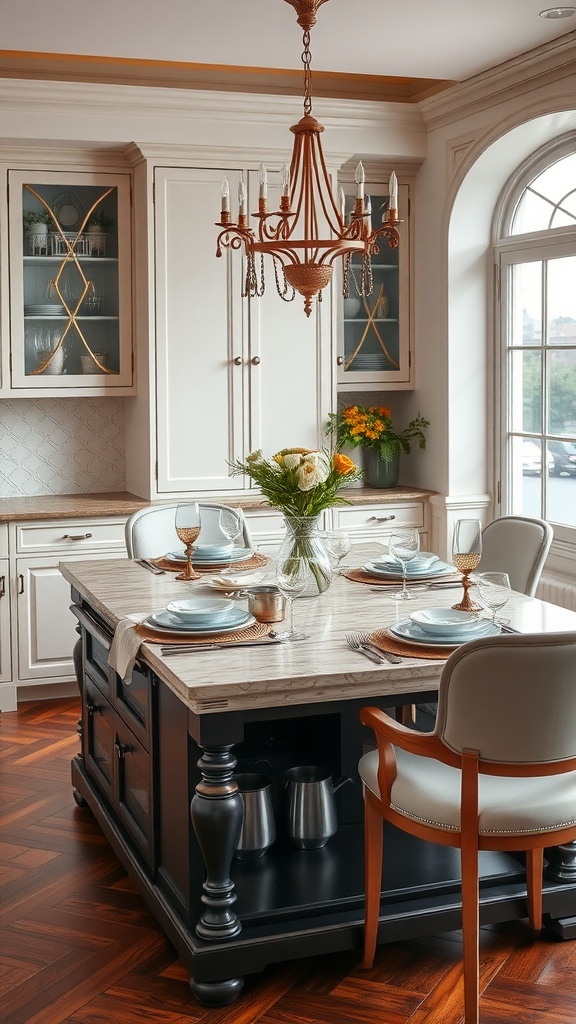 A stylish kitchen island dining table with elegant tableware and flowers in a cozy kitchen setting.