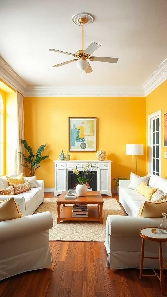 A bright living room featuring sunny yellow walls and white furniture, creating a cheerful and inviting atmosphere.
