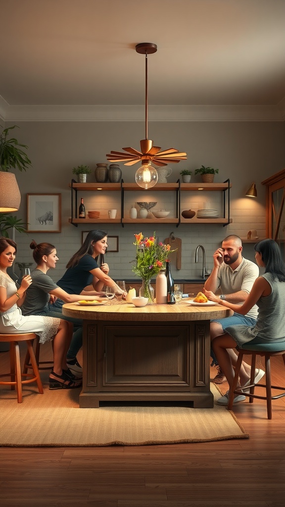 A group of friends enjoying a meal around a kitchen island dining table.