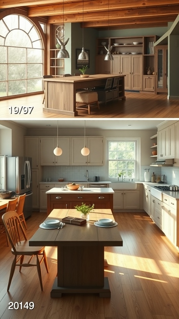 A comparison of two kitchen designs featuring kitchen island dining tables.