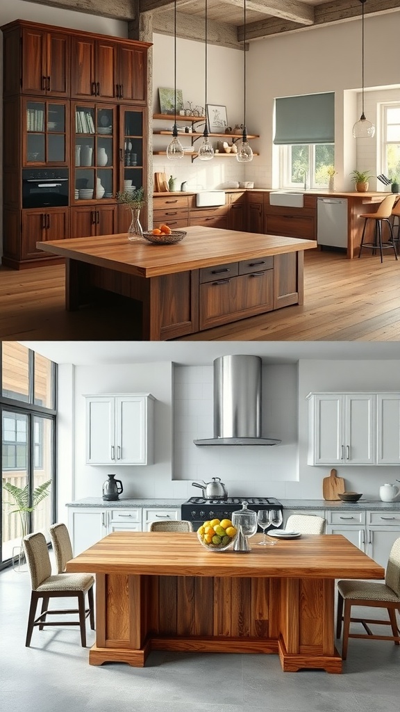 A comparison of two kitchen islands, one traditional and one modern, showcasing different materials and styles.