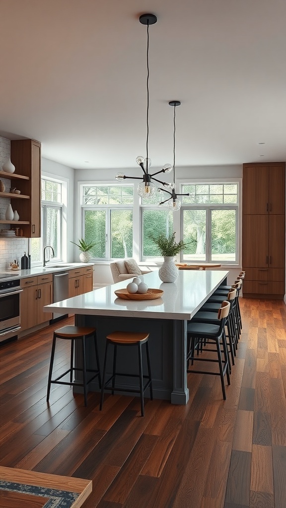 Modern kitchen with a large island dining table and seating