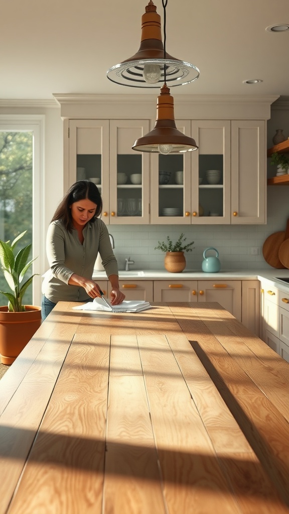 A woman cleaning a wooden kitchen island dining table in a modern kitchen with hanging pendant lights.