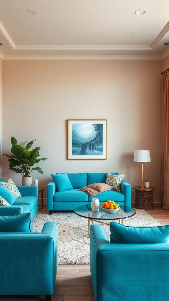A living room featuring tranquil teal sofas, soft sand walls, and modern decor.