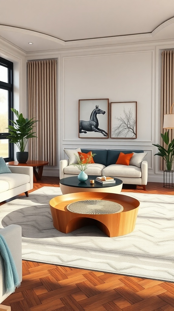 A stylish living room featuring a round coffee table and a unique wooden coffee table, with blue sofas and decorative elements.