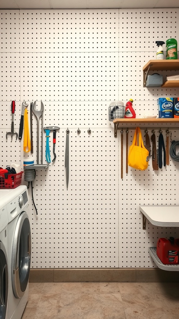 A laundry room featuring a pegboard wall with hooks and shelves for tools and cleaning supplies.
