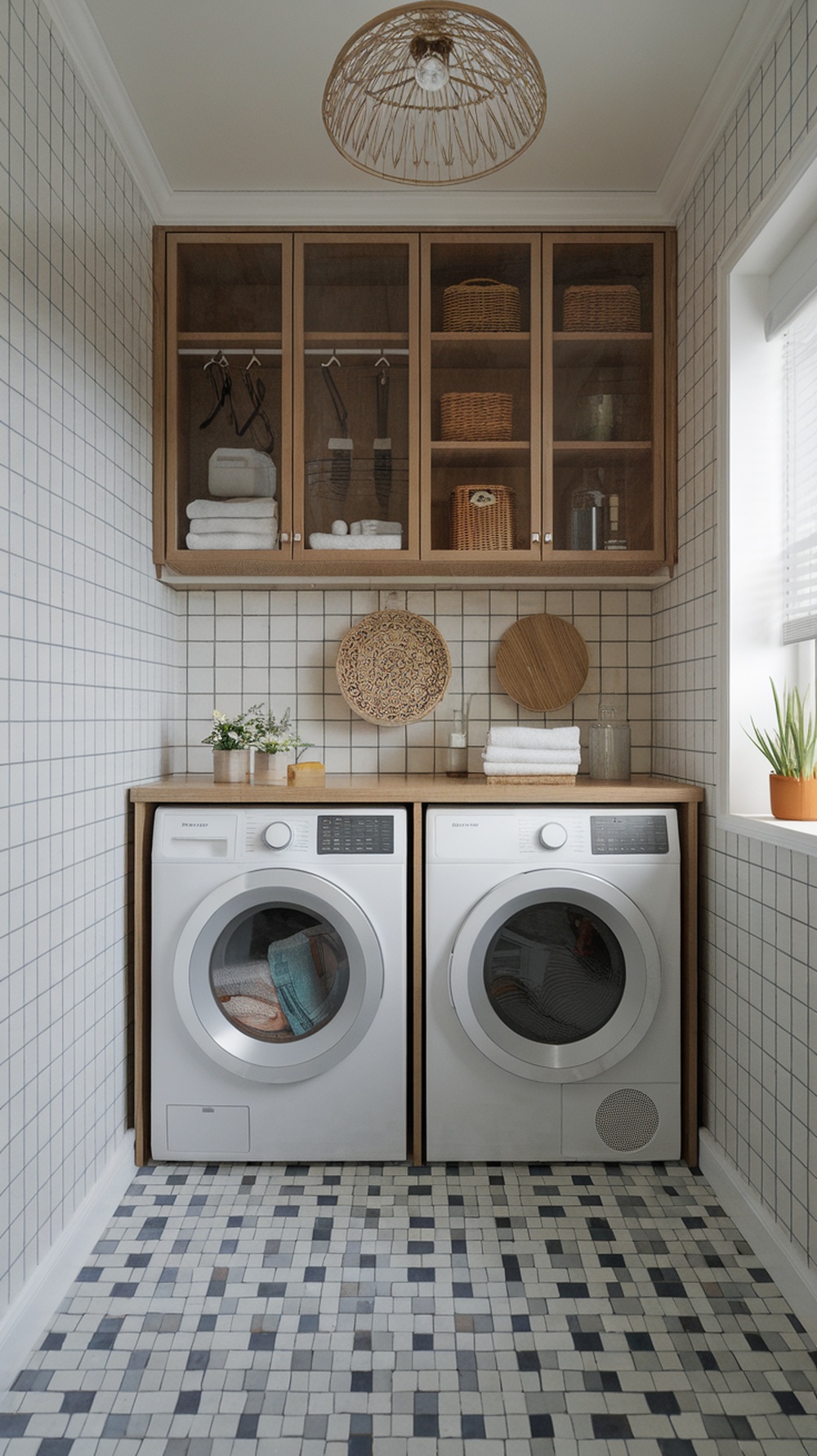 A stylish laundry room with modern appliances and wooden cabinets featuring glass doors.