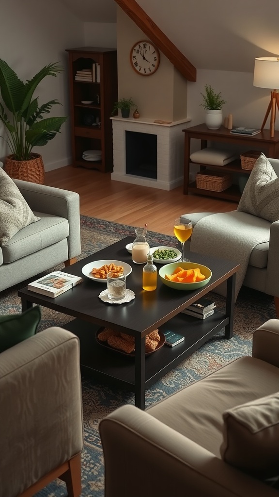 A cozy living room with a wood coffee table at the center, surrounded by comfortable sofas and snacks.