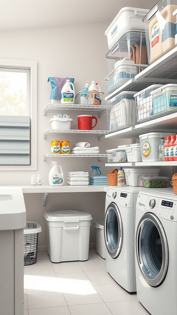 Organized laundry room featuring clear storage containers on shelves with various laundry supplies.