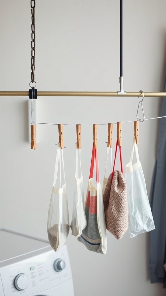 A tension rod with hanging mesh bags in a laundry room