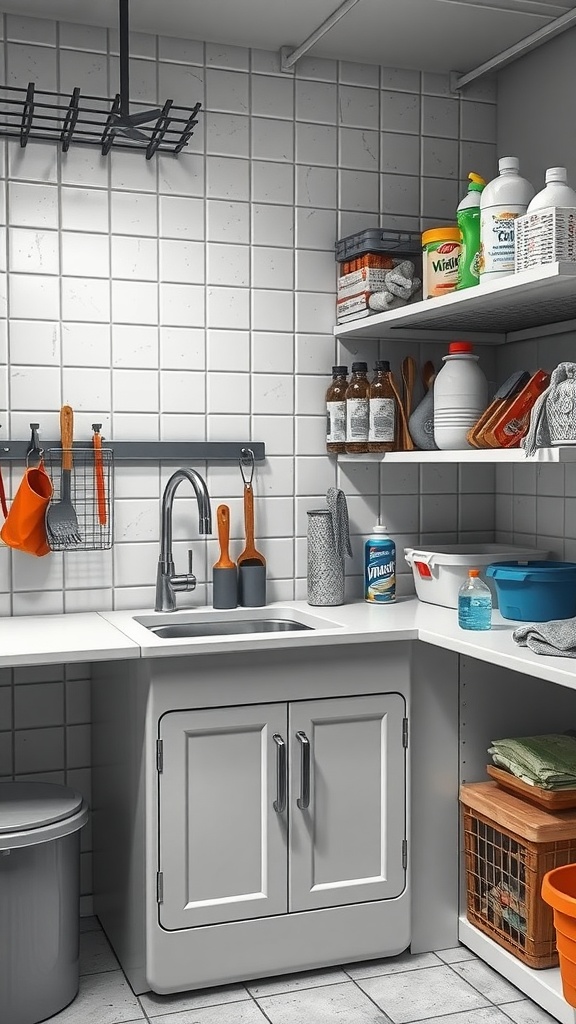 A well-organized laundry room with a utility sink and storage shelves.