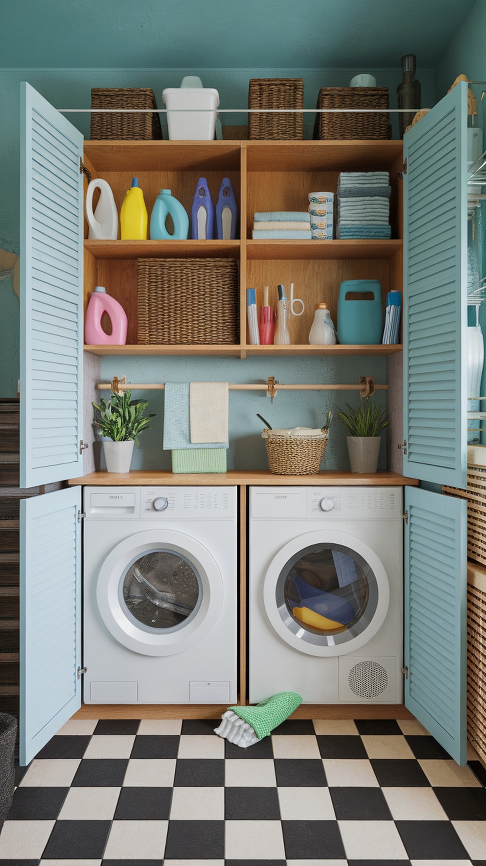 A modern laundry room with blue cabinets, organized shelves, and laundry appliances.