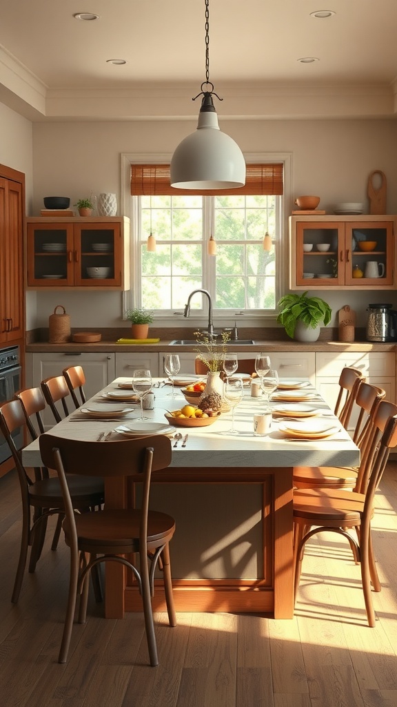 A cozy kitchen with a dining table at the island, set for family meals.