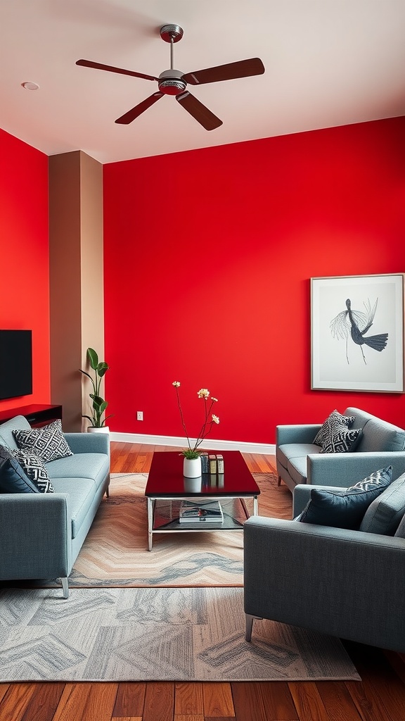 Living room with vibrant red wall and gray sofas, showcasing a modern color scheme.