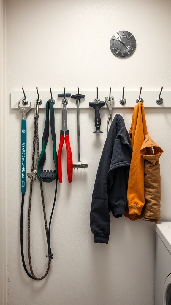 Wall-mounted hooks displaying various tools and clothing in a laundry room.