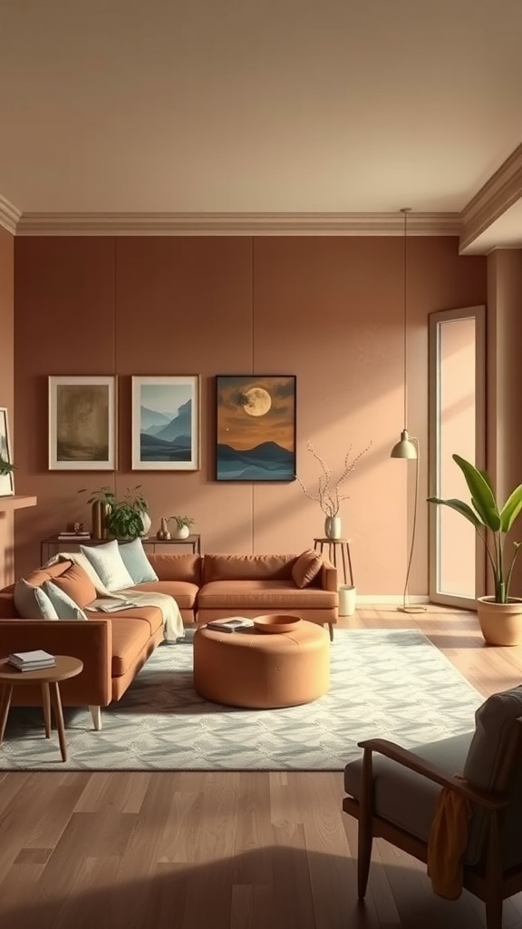 A cozy living room featuring warm earthy tones, with a terracotta wall, comfortable seating, and natural decor.