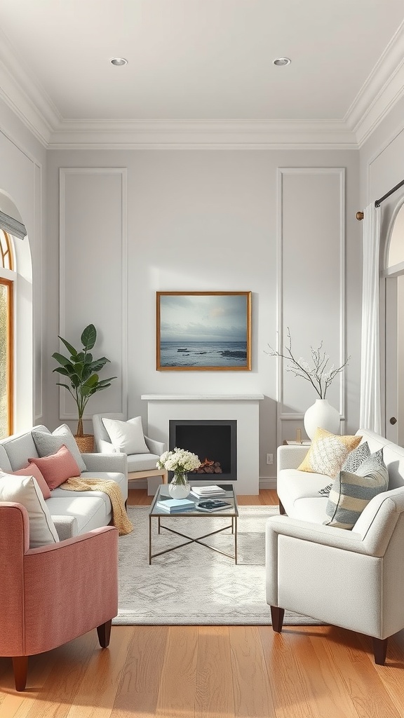 A light gray living room with soft pastel decor, featuring plush sofas, a coffee table, and natural elements.